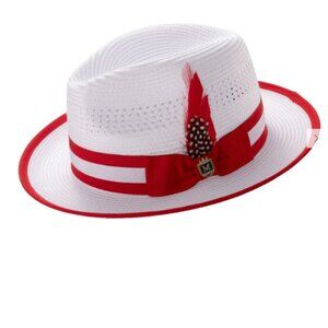 Montique White & Red Fedora with Dual-Tone Ribbon. H-105